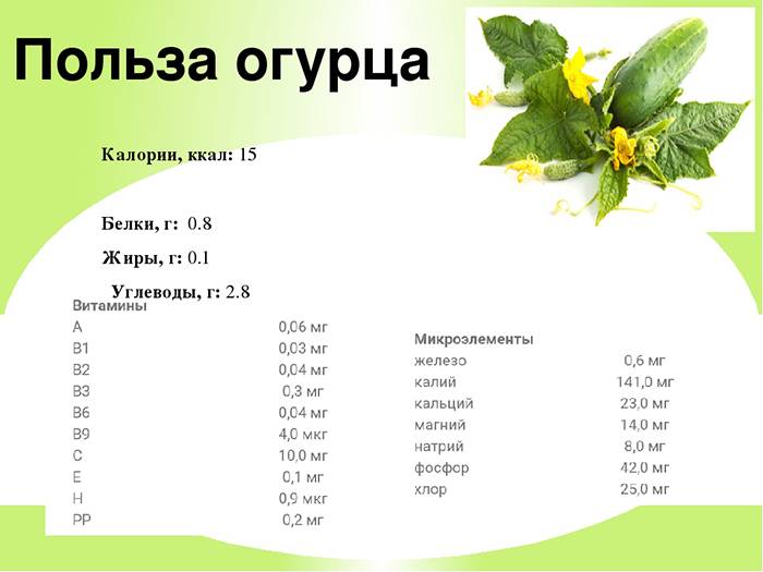 Калорийность ? огурца свежего, малосольного ?, маринованного в 1шт и на 100гр